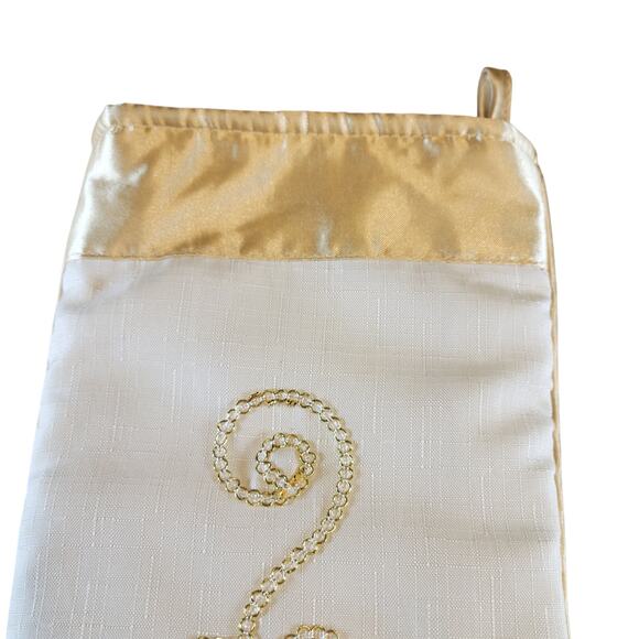 Gold White Christmas Stocking Sequin Floral 17" Satin Beaded Holiday Decor - Picture 9 of 12